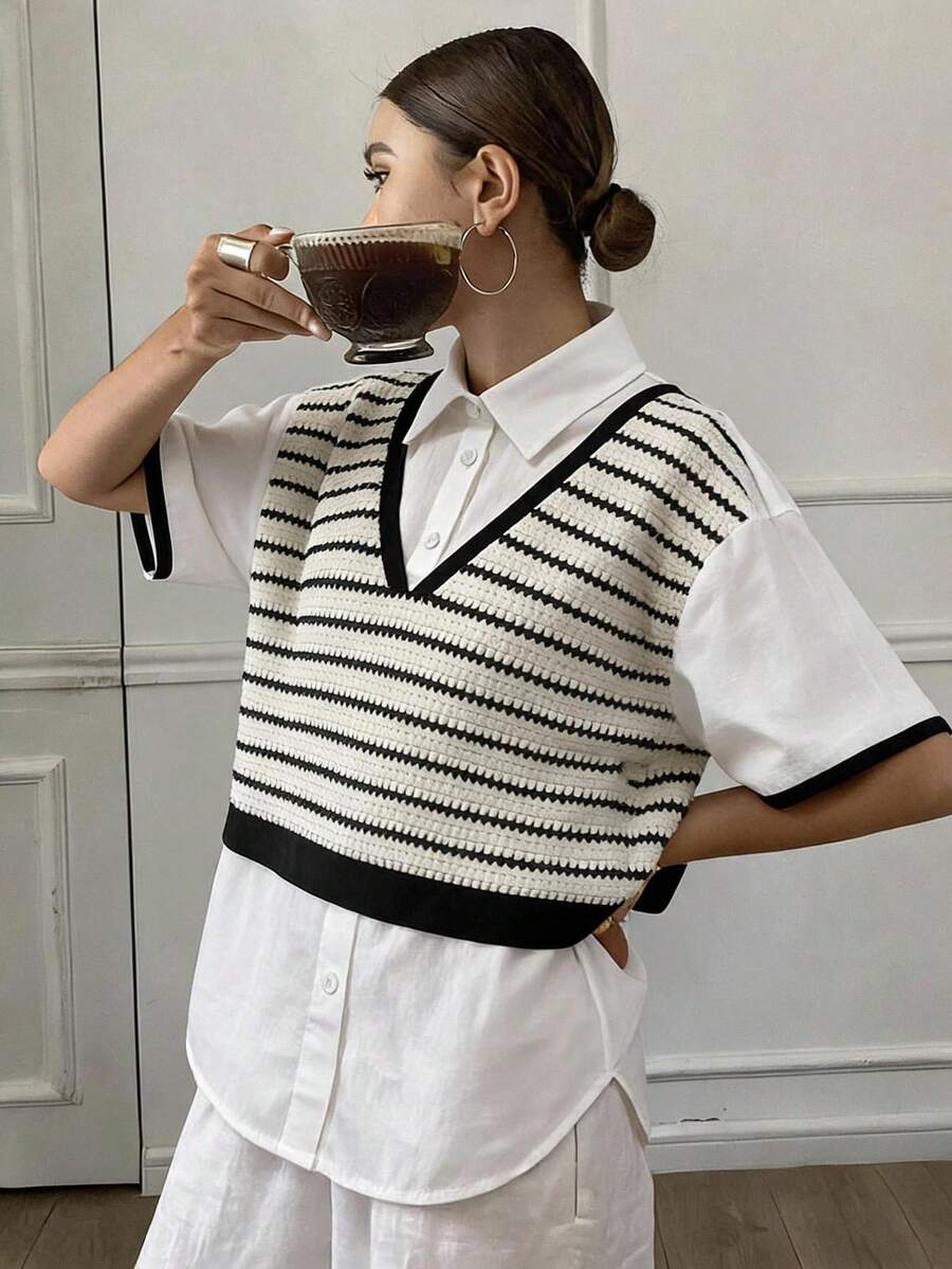 Livesso Women's Patchwork Striped Short Sleeve 2 In 1 Casual Shirt - White - View 1