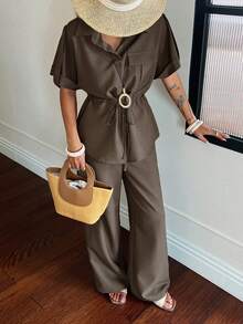 DAZY Summer Women's European And American Style Light Luxury Drawstring Waist Short Sleeve Shirt And Long Pants Two Pieces Set Vacation Travel Olive Green - Coffee Brown - View 9
