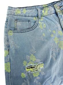 Manfinity Homme Men's Jacquard Distressed Pocket Button Denim Shorts - Blue - View 6