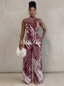 BamGlimmer Women's Zebra Print Single-Breasted Halter Neck Vest And Pants Casual Elegant Two Pieces Set Night Ibiza White Summer - Burgundy - View 2