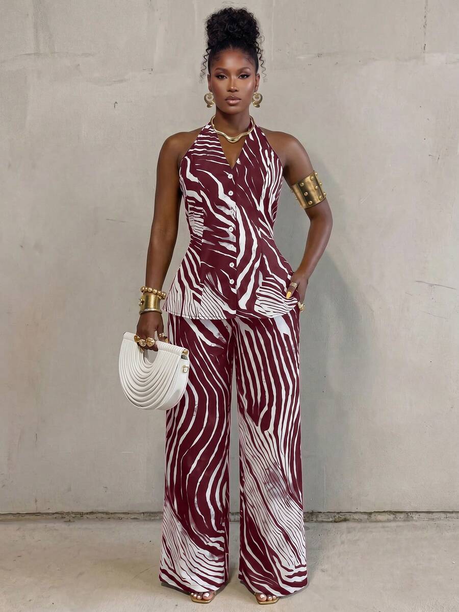 BamGlimmer Women's Zebra Print Single-Breasted Halter Neck Vest And Pants Casual Elegant Two Pieces Set Night Ibiza White Summer