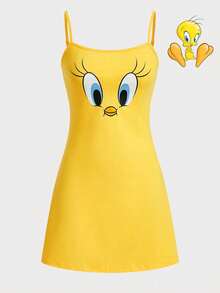 LOONEY TUNES X SHEIN Women's Yellow Cute Tweety Cartoon Graphic Cami Sleep Dress, Summer - Yellow - View 5