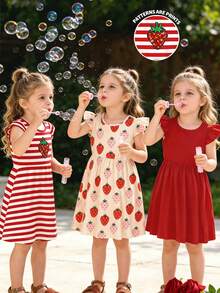 SHEIN Elladie kids 3件套甜美可爱草莓装饰条纹半身裙，草莓印花搭配纯色喇叭袖连衣裙，休闲度假装扮，适合夏季穿着 - 彩色 - 查看 6