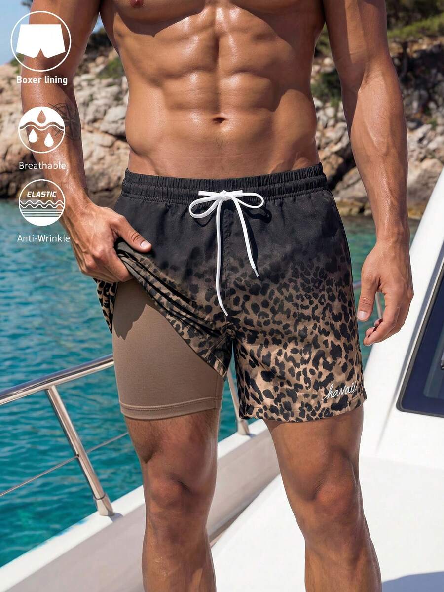 Manfinity Swimmode Men's Summer Beach Comfortable Breathable Drawstring Leopard Print Colorblock Beach Shorts Holiday / Vacation / Beach / Hawaii / Tropical / Swim / Ba - Multicolor - View 1