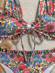 Swim Vcay Sweet Floral Random Print Wide Strap Tie-Front Triangle Bikini Set For Girls/Women - Multicolor - View 5