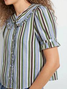 WESTFADE 100% Cotton Ruffle Collar Short Puff Sleeve Button Up Striped Shirt, Country Style For Women, 4th Of July, Summer Outfit - Multicolor - View 5