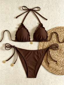 Swim Vcay Women's Summer Vacation Gold Sun Decor Black Bikini Set Beachwear - Brown - View 6