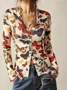 Bohemela 秋季度假女款蝴蝶印花波西米亞復古針織蕾絲V領喇叭袖上衣，日常穿著，鄉村音樂會派對適用 - 藍色 - 查看 3