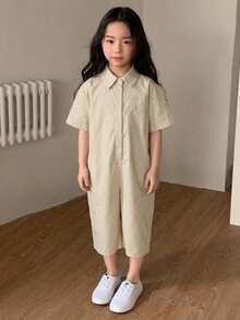 Dazy Kids 女童純色休閒短袖舒適連身褲 夏季 - 卡其色 - 查看 4