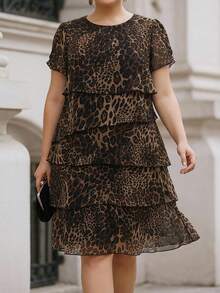 Chikora Plus Size Women's Leopard Print Round Neck Short Sleeve Ruffle Hem Loose Fit Dress - Multicolor - View 9