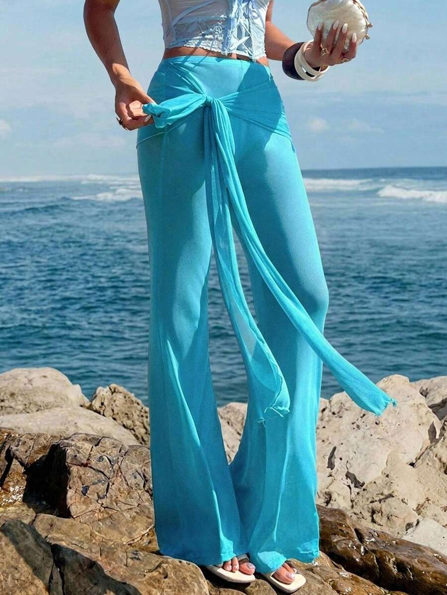 Opulessa Women's Solid Color Knotted Design Cover-Up Pants Set Beach Vacation Aqua Blue Summer Tropical - Blue - View 1