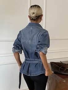 DAZY Women's Loose Fit Waist Tie Adjustable Casual Urban Denim Jacket And Coat - Medium Wash - View 6