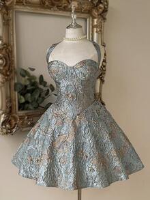 Lovelzi Elegant Light Blue Jacquard Fabric Strapless Backless A-Line Skirt Ball Gown, Fashionable Dress For Graduation,Wedding Event,Birthday Party - Blue - View 5