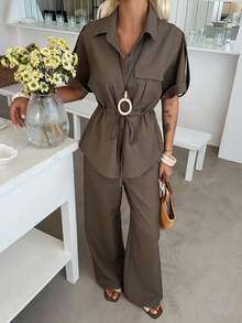 DAZY Summer Women's European And American Style Light Luxury Drawstring Waist Short Sleeve Shirt And Long Pants Two Pieces Set Vacation Travel Olive Green - Coffee Brown - View 4