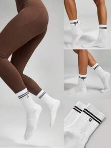 GLOWMODE 3 Paar Baumwolle Vintage-gestreifte Socken, weicher belüfteter Maschenstoff mit Jacquard-Logo, zum Training oder für den täglichen lässigen Gebrauch - Weiss - Übersicht 7