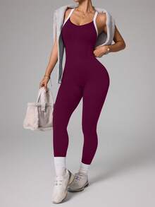 SHEIN Dewbera Mono deportivo de running sin costuras con tirantes cruzados y bloques de color para mujer - Rojo violeta - Ver 6