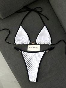 Swim Mod 女款夏季海灘簡約優雅浪漫休閒度假性感甜美可愛時尚泳衣套裝，基本百搭黑白波點印花，掛脖比基尼三角上衣，金屬針織飾邊裝飾，適合海灘、度假村、水療、音樂節、蜜月及休閒度假場合 - 黑與白 - 查看 3