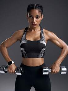 Powerista 女士撞色印花交叉后背运动文胸 - 黑與白 - 查看 4