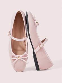 CUCCOO DOLLMOD Ladies Shoes, Pink, Single Buckle With Metal Buckle Bow Decoration, Flat Bottom, Low Heel, Suede, Mary Jane Ballet Shoes. - Pink - View 1