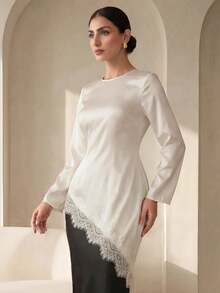 Graceveil Elegant Lace Patchwork Asymmetric Long Sleeve Top, Apricot, Suitable For Women, Spring/Summer Clothing - Apricot - View 4