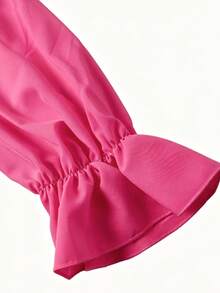 Rometta French Elegant Solid Color V-Neck Long Sleeve A-Line Dress - Hot Pink - View 7