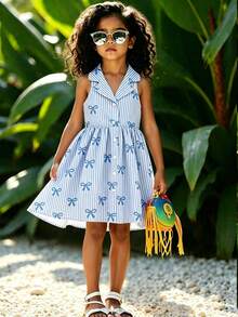 SHEIN Elladie kids Garden Girls 夏季新款時尚 Polo 領掛脖露背收腰甜美百搭度假風女童正式洋裝 - 彩色 - 查看 4
