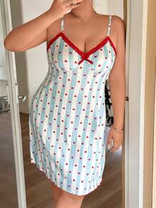 Napfluff CURVE Napfluff CURVE Women's Plus Size V-Neck Lace Trim Striped Heart Print Camisole Nightgown - Blue - View 1
