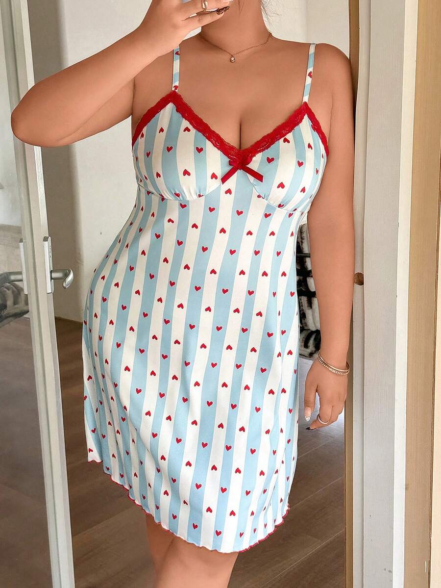 Napfluff CURVE Napfluff CURVE Women's Plus Size V-Neck Lace Trim Striped Heart Print Camisole Nightgown - Blue - View 1