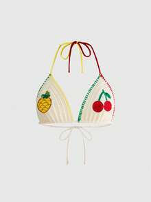 Sweetness Spring Summer Vacation Handmade Girl's Crochet Bikini Top, Black And White Leopard Print Contrast Color Design Women's Knit Top Beach Cute Y2k - Apricot - View 2