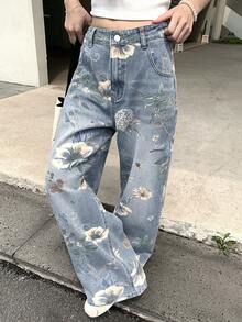 DAZY 女士休闲印花宽松阔腿牛仔裤，适合度假和日常通勤 - 淺色水洗藍 - 查看 3