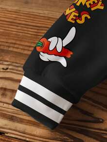 LOONEY TUNES X SHEIN 男婴休闲时尚街头卡通兔子字母印花撞色条纹滚边保暖卫衣，秋冬季 - 白色 - 查看 5