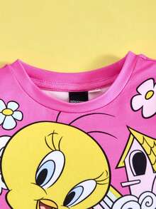 LOONEY TUNES X SHEIN 女婴卡通崔弟和彩虹印花可爱粉色休闲短袖T恤和短裤两件套 - 粉色 - 查看 3