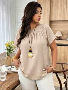 Weeklong Vintage Beige Shirred Sleeve Shirt, Elasticated Neck Ruffle Detail, Linen-Blend Pastoral Top, Plus Size Spring Summer Resort Wear Vacation Beach Chic - Khaki - View 3