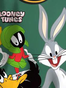 LOONEY TUNES X SHEIN 男童休闲拼色卡通图案圆领保暖卫衣，秋季 - 白色 - 查看 4