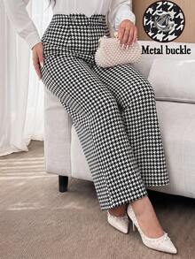 Modelyn Plus Size Women's High Waist Metal Button Design Houndstooth Wide Leg Pants Fall - Black and White - View 2