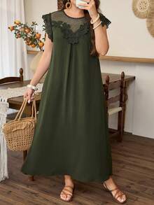 Lacomfia Đầm dáng rộng, tối giản, cổ tròn, tay cánh hoa, chất liệu ren, thích hợp cho mùa xuân/hè, cỡ lớn. - màu xanh lá - Xem 4