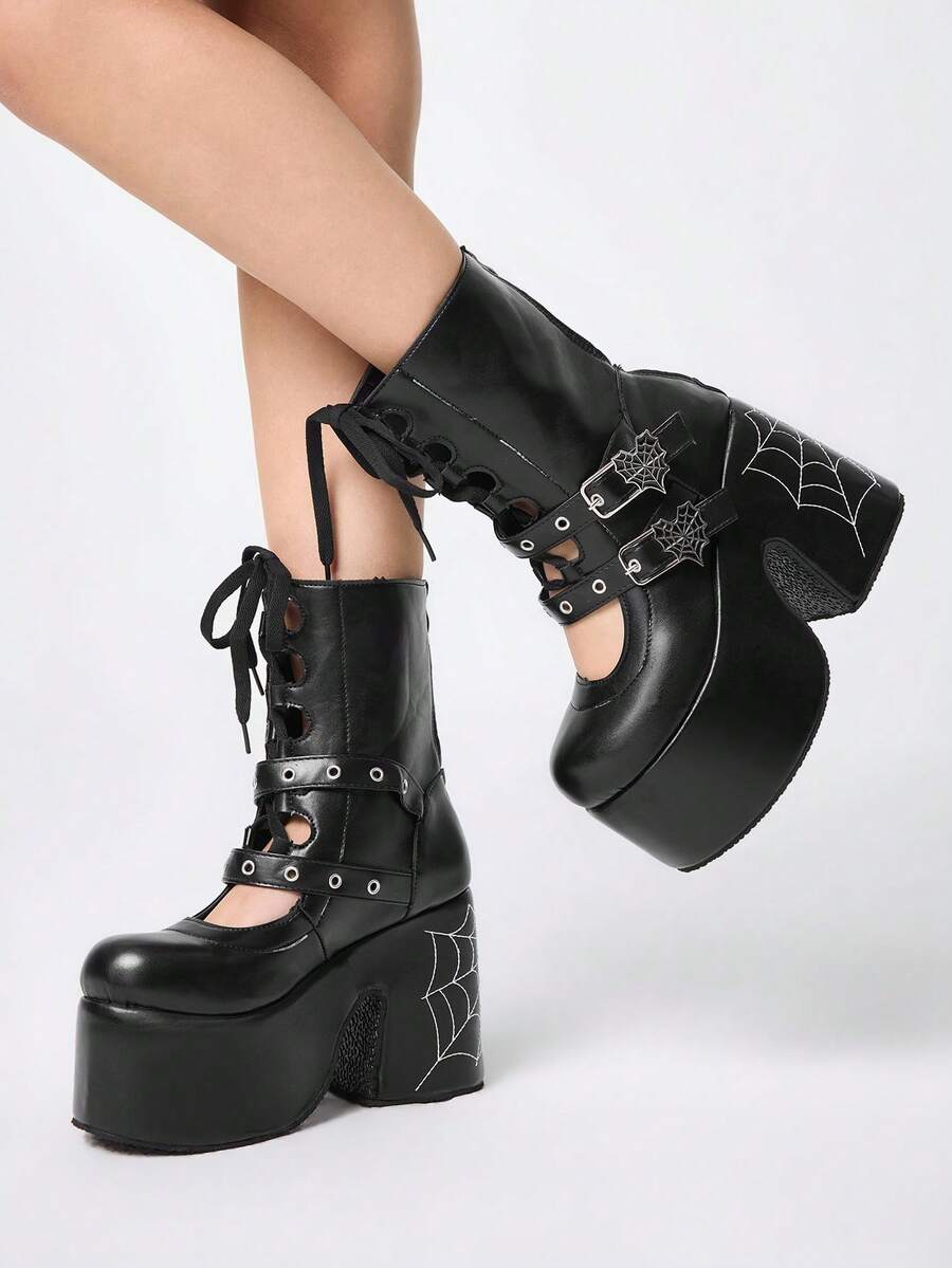ROMWE Grunge Punk Sandales à talons pour femmes, bottes cool, sangles, ajourées, tête de sac, style romain, muffin, talons hauts, plateforme, talon compensé, sandales ajourées - Noir - Voir 1
