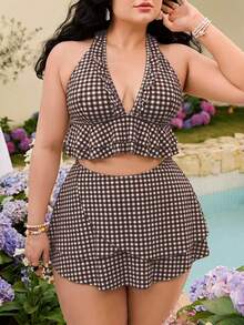 Swim Mod Conjunto de traje de baño a cuadros para vacaciones en la playa talla grande - Multicolor - Ver 1