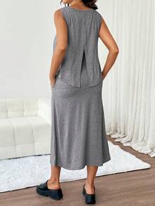 Slowluna Vestido de maternidad de unicolor con función de lactancia, casual para uso diario y salidas - Gris - Ver 6