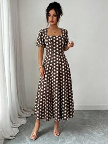 SHEIN Clasi Women's Square Neck Patchwork Split Design Cinched Waist A-Line Umbrella Hem Elastic Adjustable Sleeve Short Vintage Polka Dot Brown And White Dress - Coffee Brown - View 3
