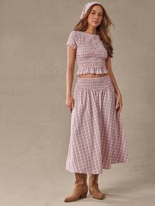 WESTFADE Falda midi convertible con cintura fruncida y bordado a cuadros - Rosa - Ver 5