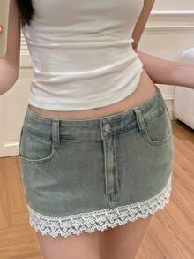 DAZY Spring Summer Vintage Lace Street Wear Y2k Washed Hollow Patchwork Casual Vacation Beach Dates Everyday Bodycon Denim Skirt For Women White - Light Wash - View 7