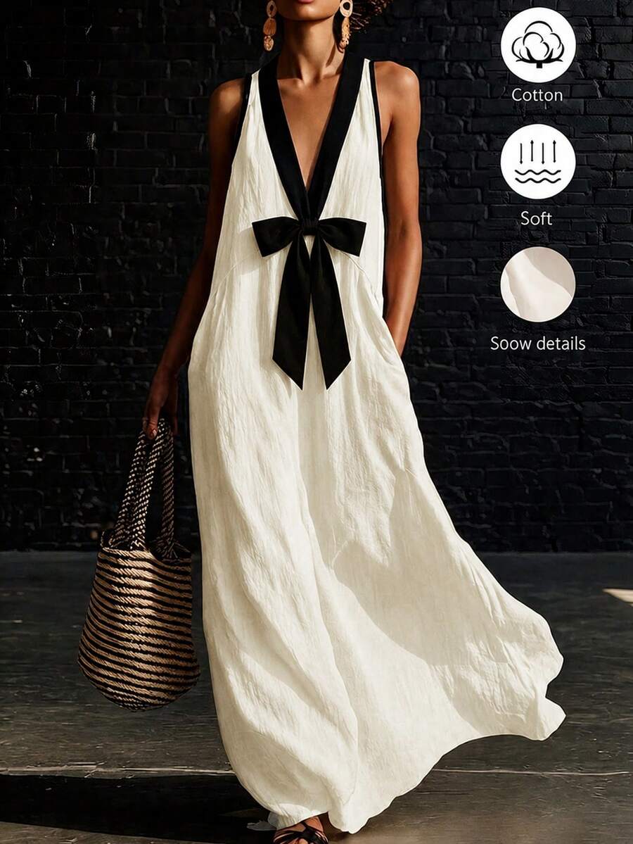 SHEIN Holidaya 女款春夏新款黑白配色100%純棉寬鬆V領度假休閒熱帶晚餐歐式優雅派對長版無袖洋裝 - 米色 - 查看 1