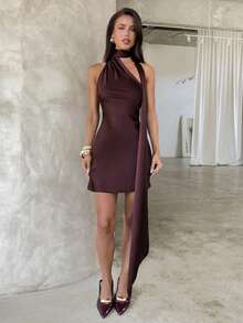 Aloruh Women's Elegant Summer Party Mini Dress,Dark Purple Lace Patchwork Halter Backless Evening Formal Wedding Guest Dresses For Women - Brown - View 4