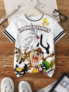 LOONEY TUNES X SHEIN 青少年男孩夏季休闲字母和卡通动物印花拼布条纹装饰 T 恤 - 白色 - 查看 7