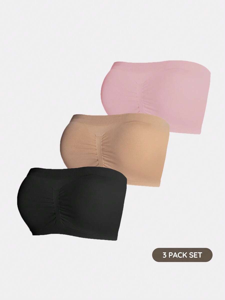 SHAPORA 2026 Hot Selling Women's Fashionable & Comfortable Minimalist Solid Color High Quality Seamless Plus Size Bandeau Bra 3 Pieces Set - Multicolor - View 1