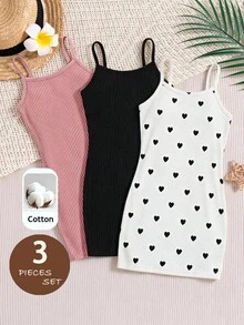 SHEIN 女嬰針織純色愛心圖案吊帶洋裝 3 件套 - 彩色 - 查看 7