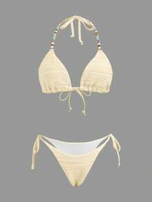Opulessa Set Bikini Wanita Bertekstur dengan Hiasan Manik-Manik, Atasan Tank Top Model Halter dan Bawahan Bikini Segitiga - Aprikot - View 3