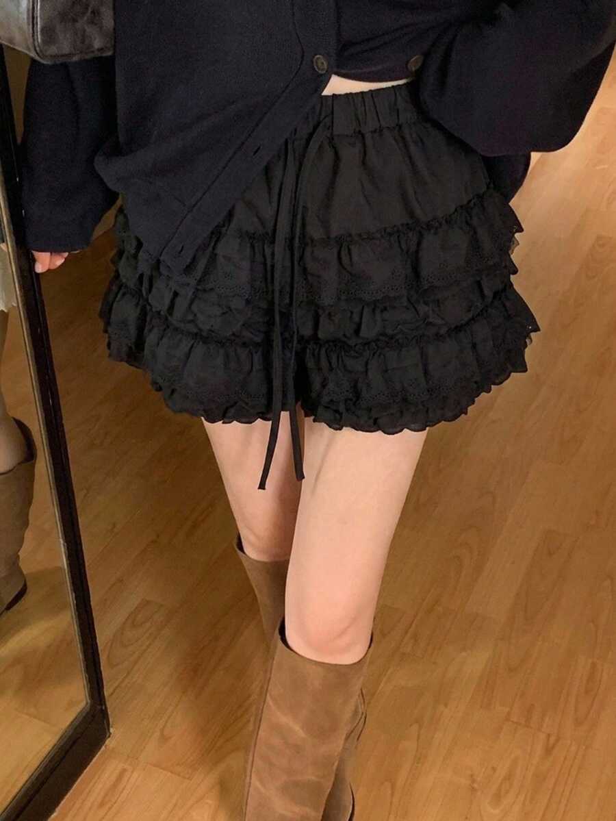 DAZY 女款素色荷葉邊蕾絲腰部綁帶蛋糕裙 - 黑色 - 查看 1