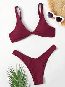 Swim Basics Bộ bikini 2 mảnh nữ đi biển mùa hè màu trơn, thắt nút xoắn, phong cách sexy thời trang - Màu Đỏ Sâu - Xem 1